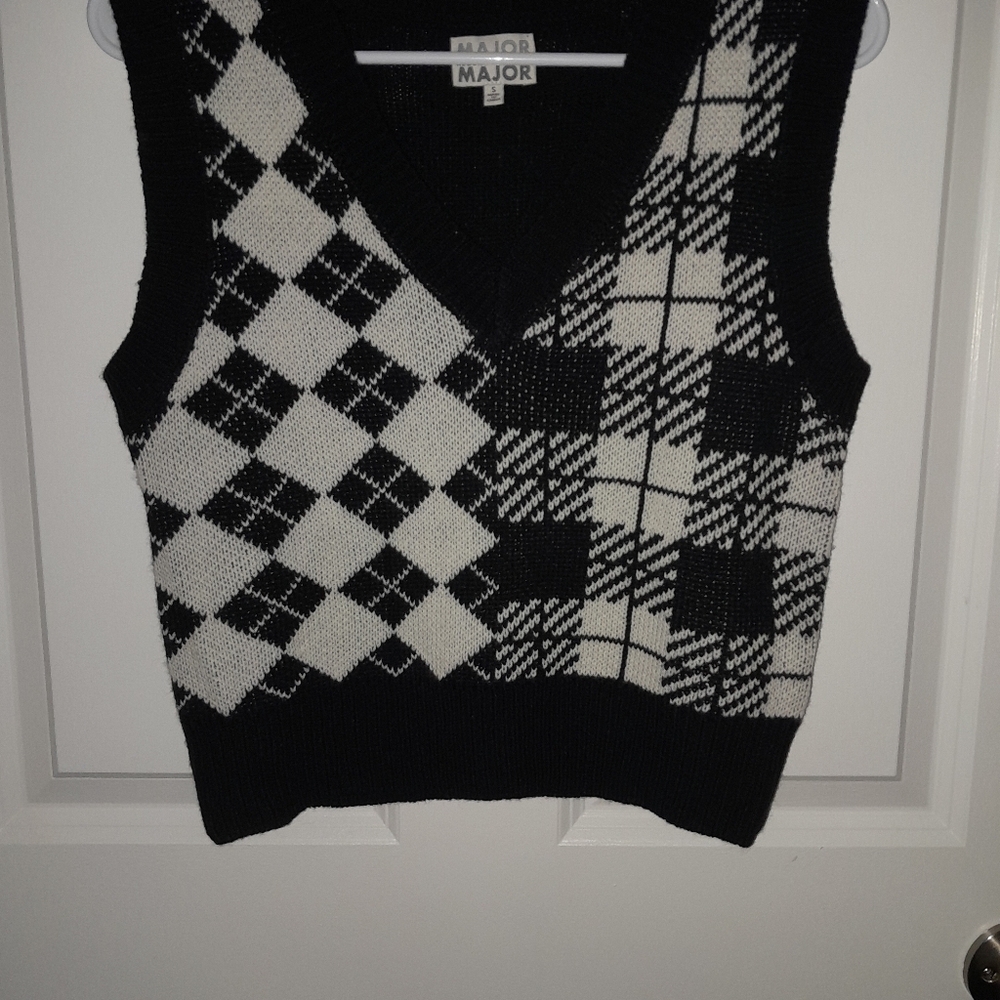 Black and White V-Neck Sweater with Argyle and Plaid Patterns